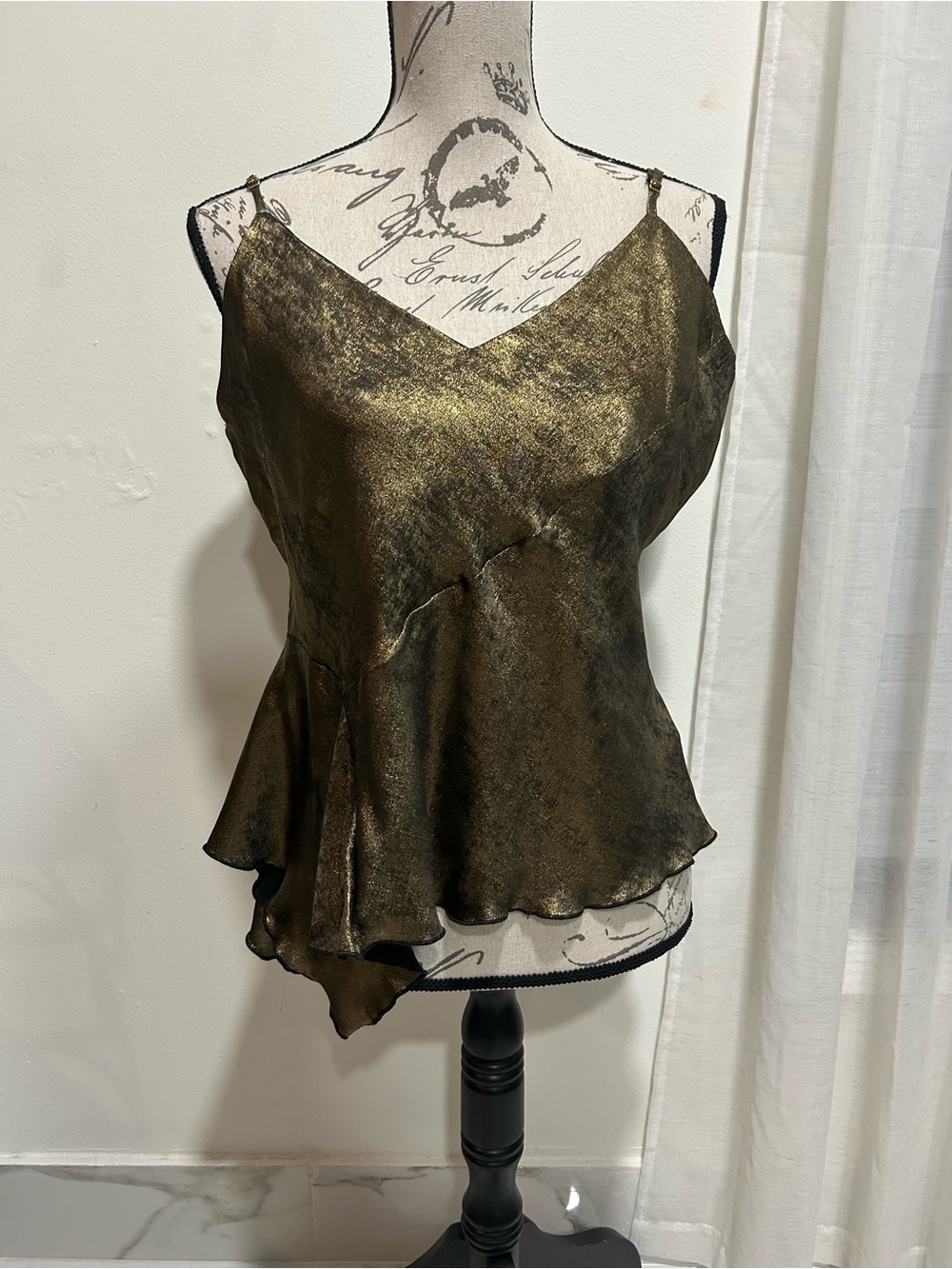 Rita Ora Metallic Gold Satin-Look Asymmetric Ruffle Cami Spaghetti Strap L